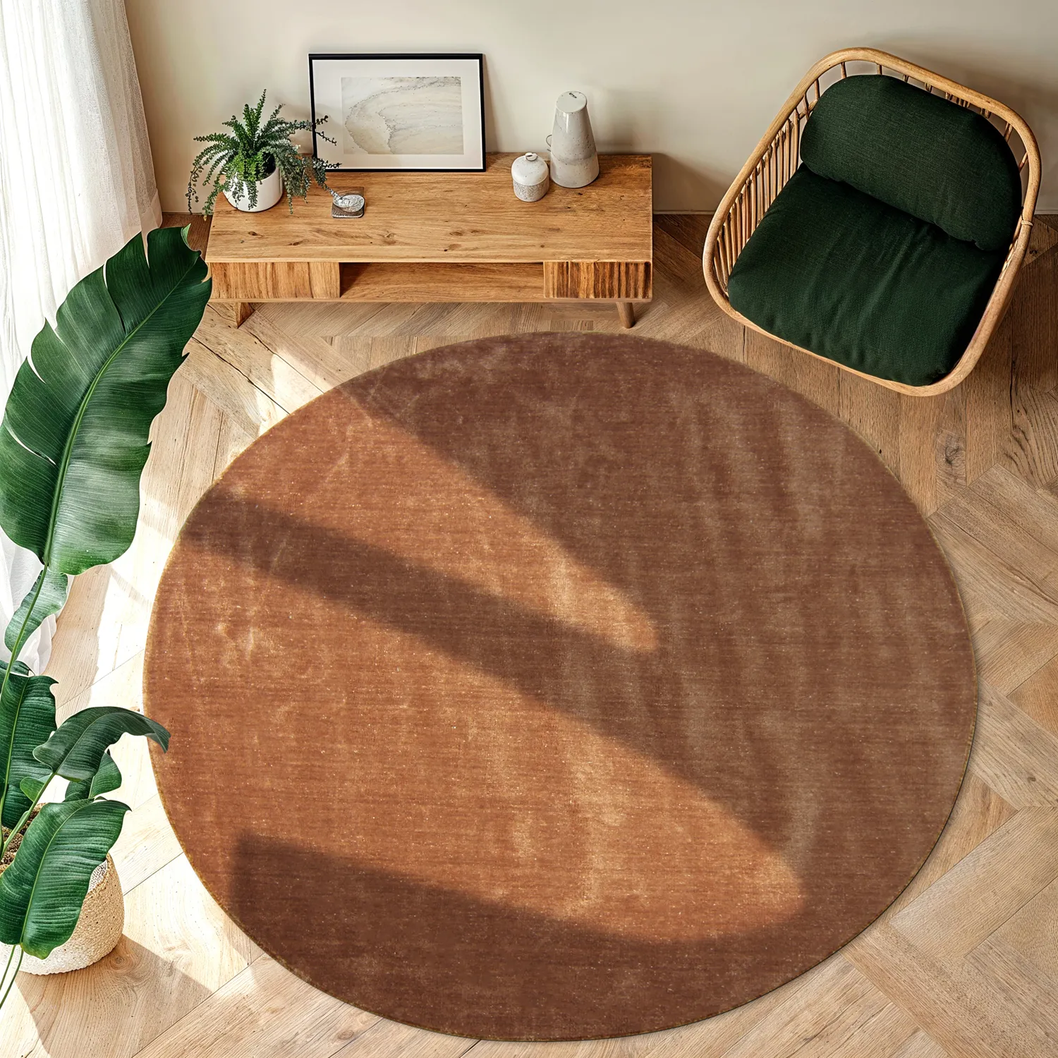 Rund Teppich - Recycled PET with viscose look (braun)