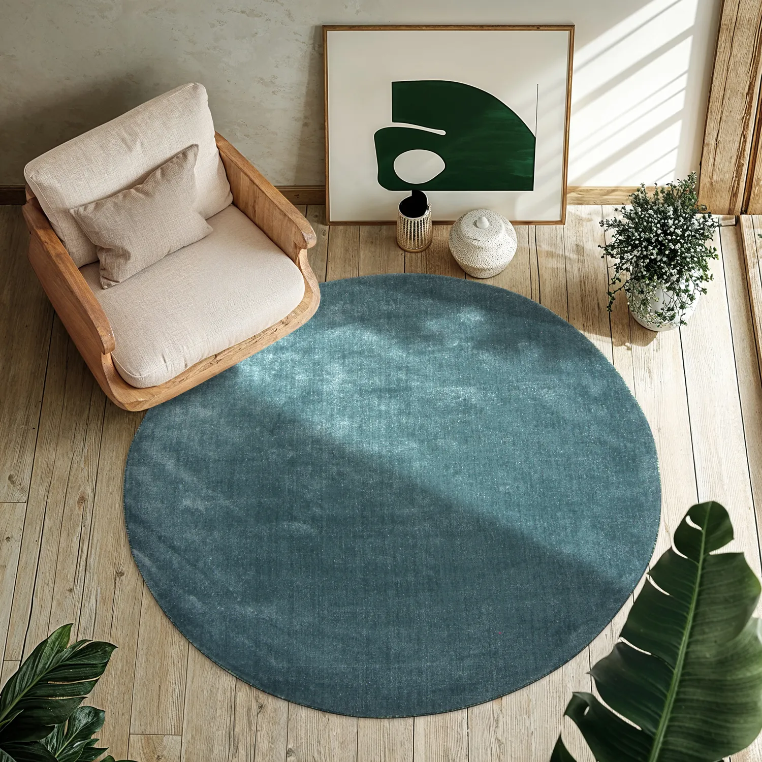 Rund Teppich - Recycled PET with viscose look (stahlblau)