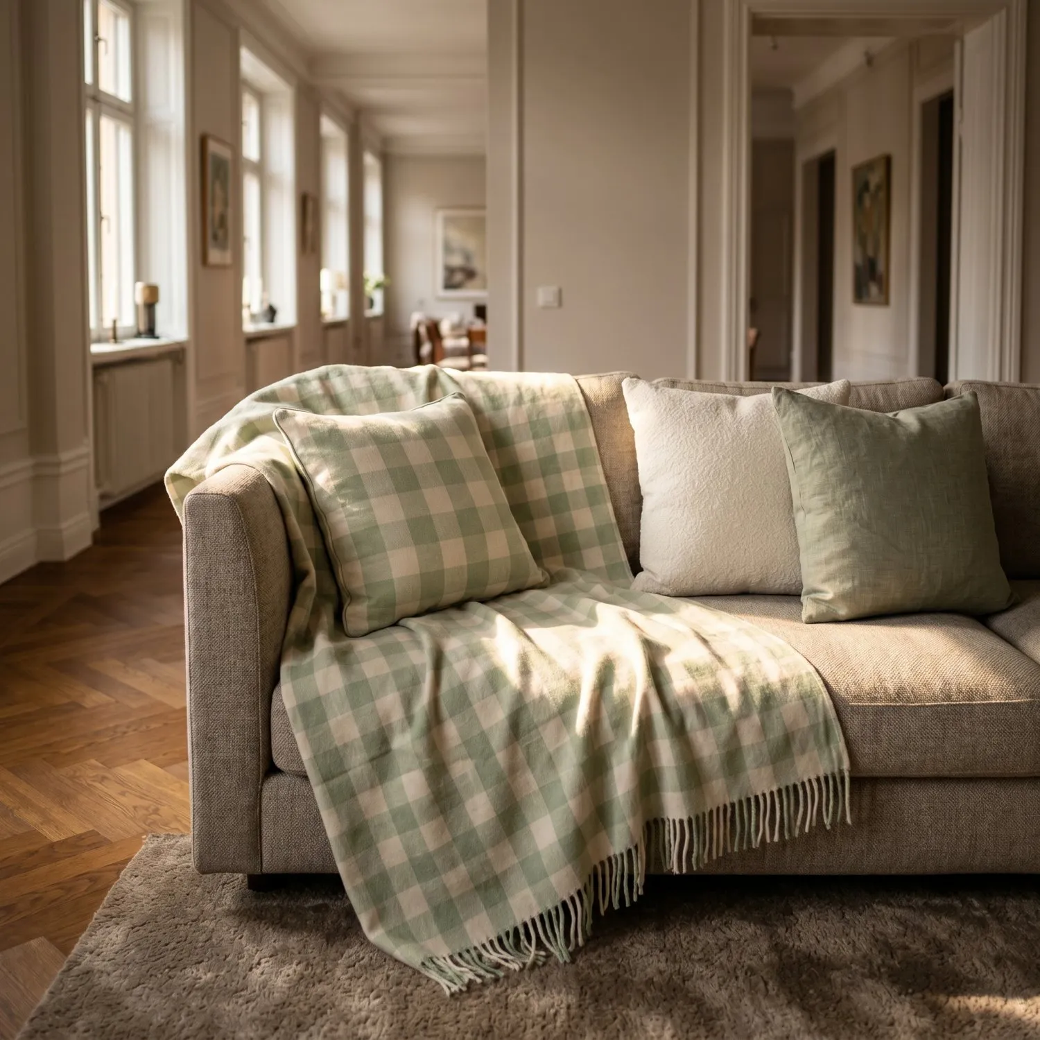 Kissenbezug - Isela check cotton cushion cover (cremefarben/hellgrün)