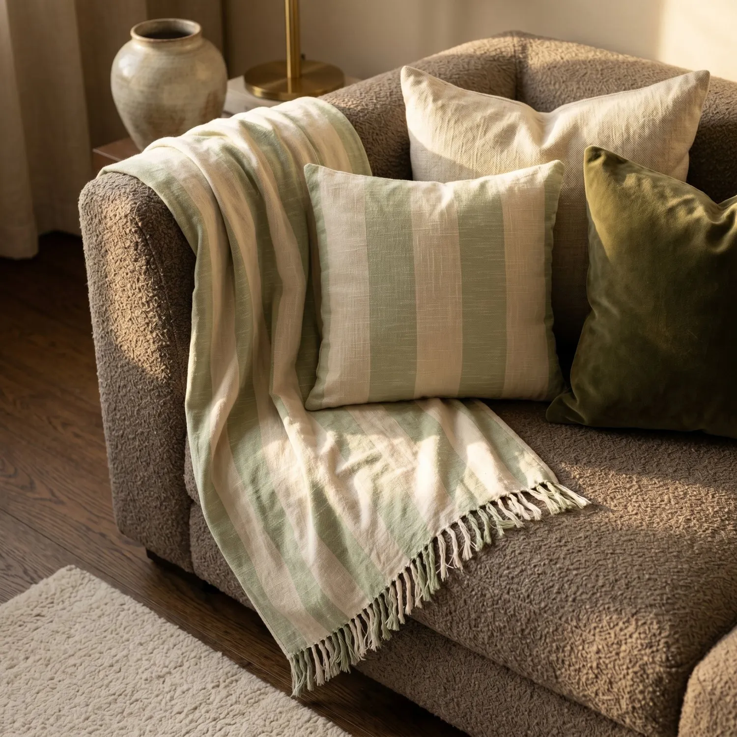 Decken - Kora stripe cotton throw (cremefarben/hellgrün)