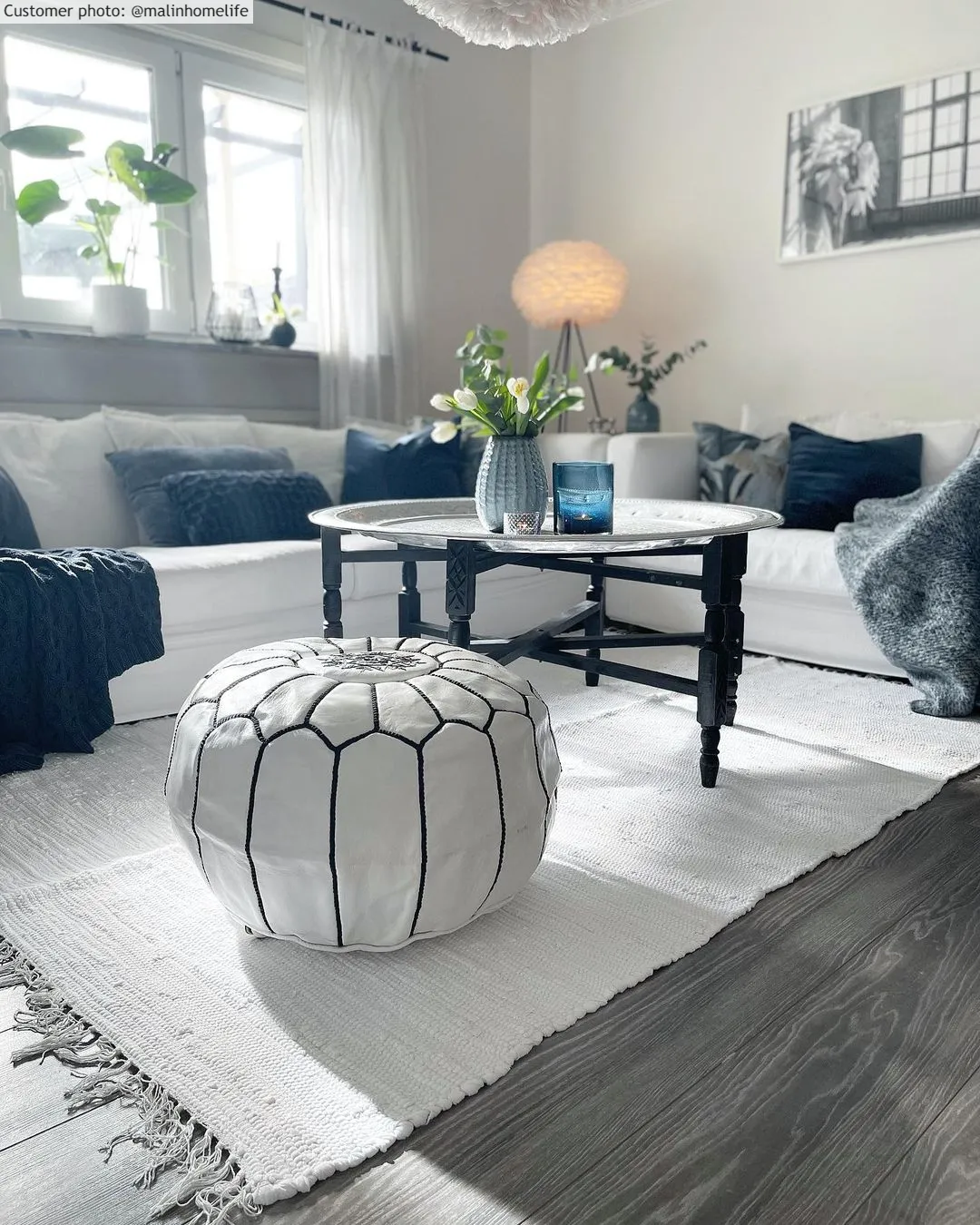 Sitzpoufs - Marokkanischer Leder-Pouf (Weiß/Schwarz)