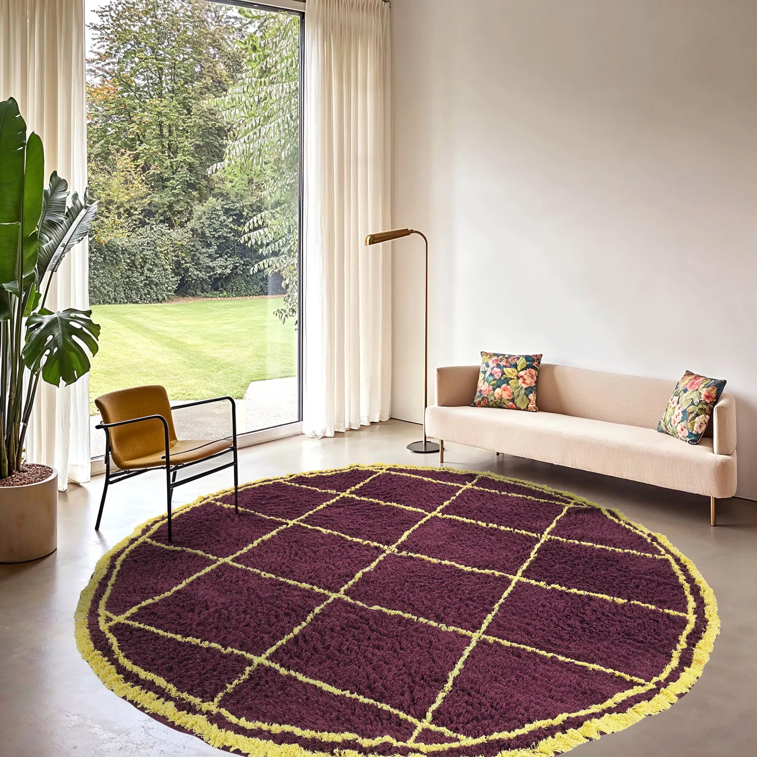 Rund Teppich - Lana Natural Cotton Shaggy (bordeaux/gelb)