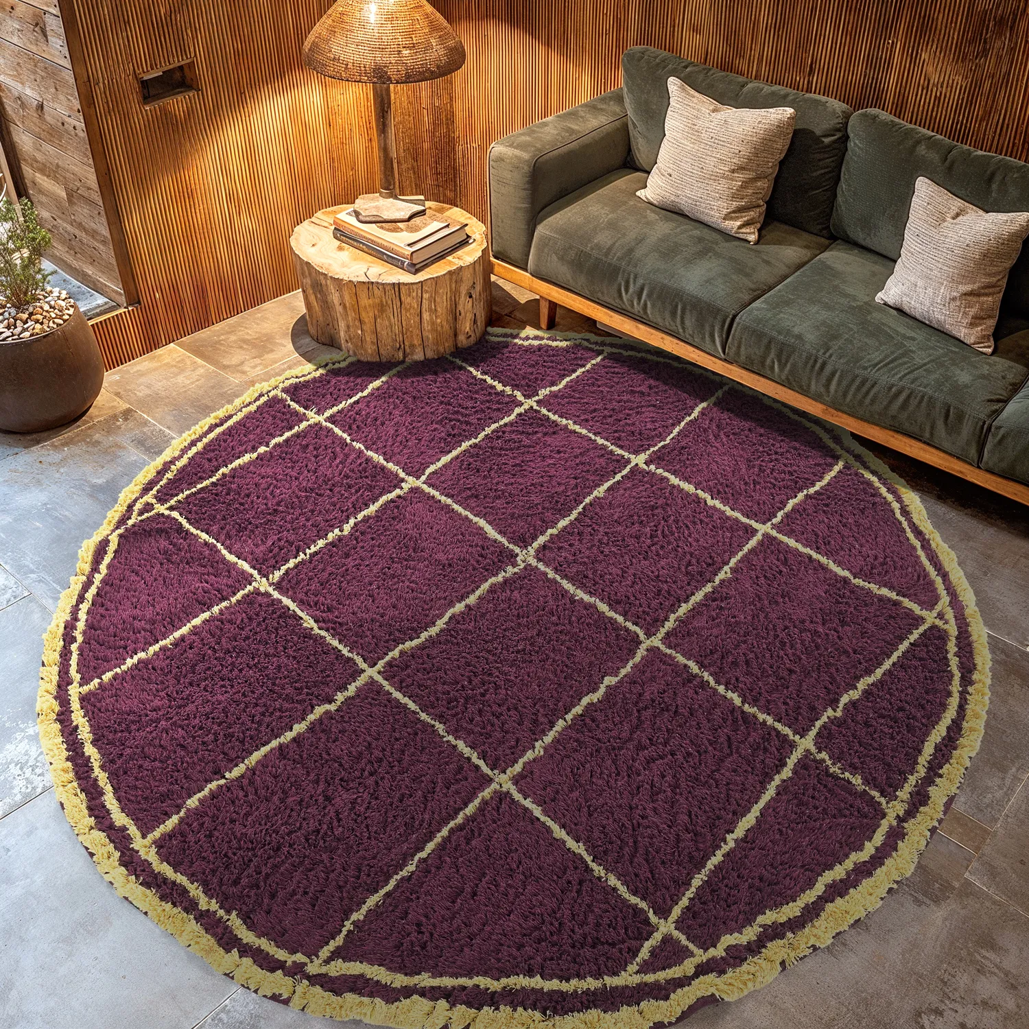 Rund Teppich - Lana Natural Cotton Shaggy (bordeaux/gelb)