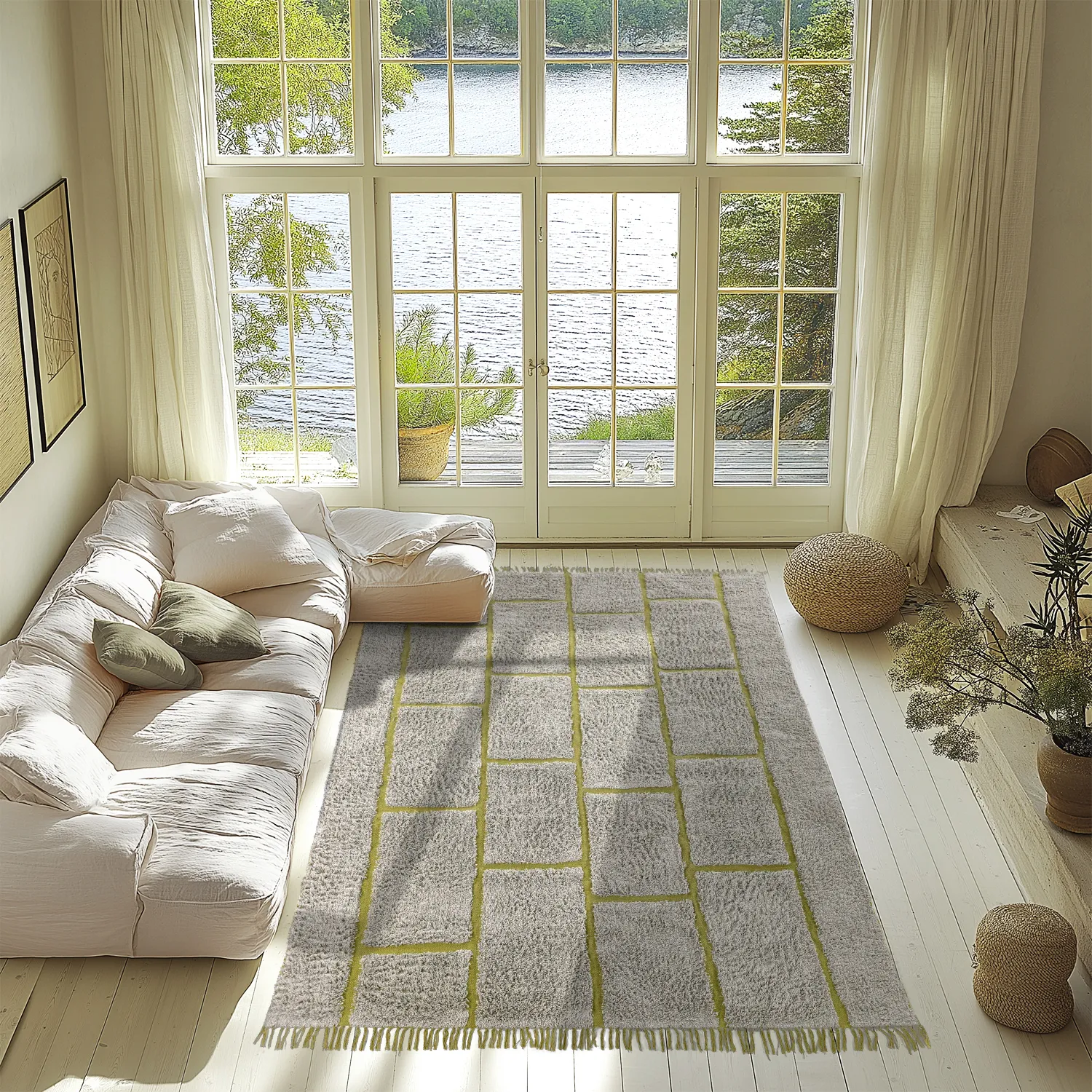 Hochflorteppiche - Lindley Natural Cotton Shaggy (greige/grün)