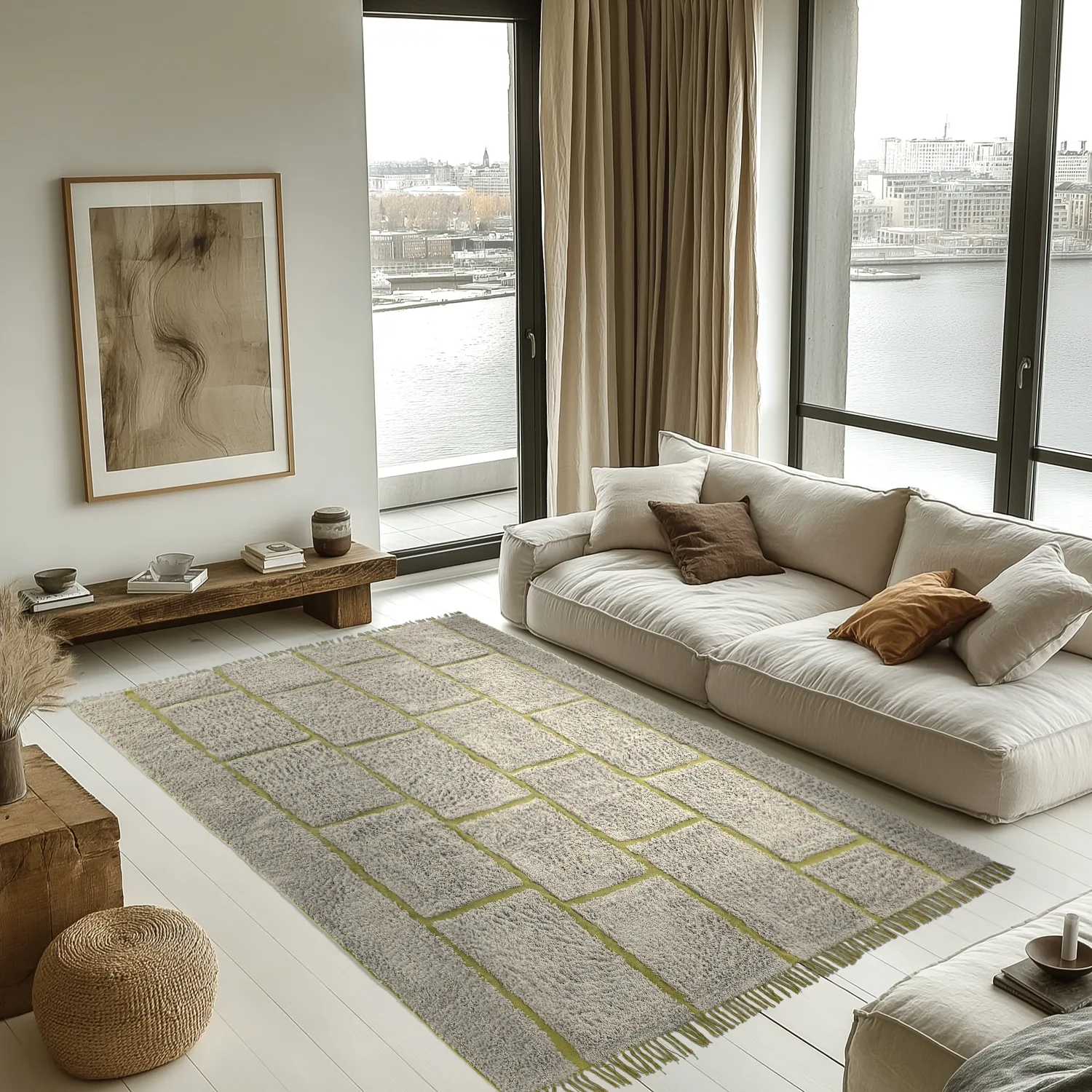 Hochflorteppiche - Lindley Natural Cotton Shaggy (greige/grün)