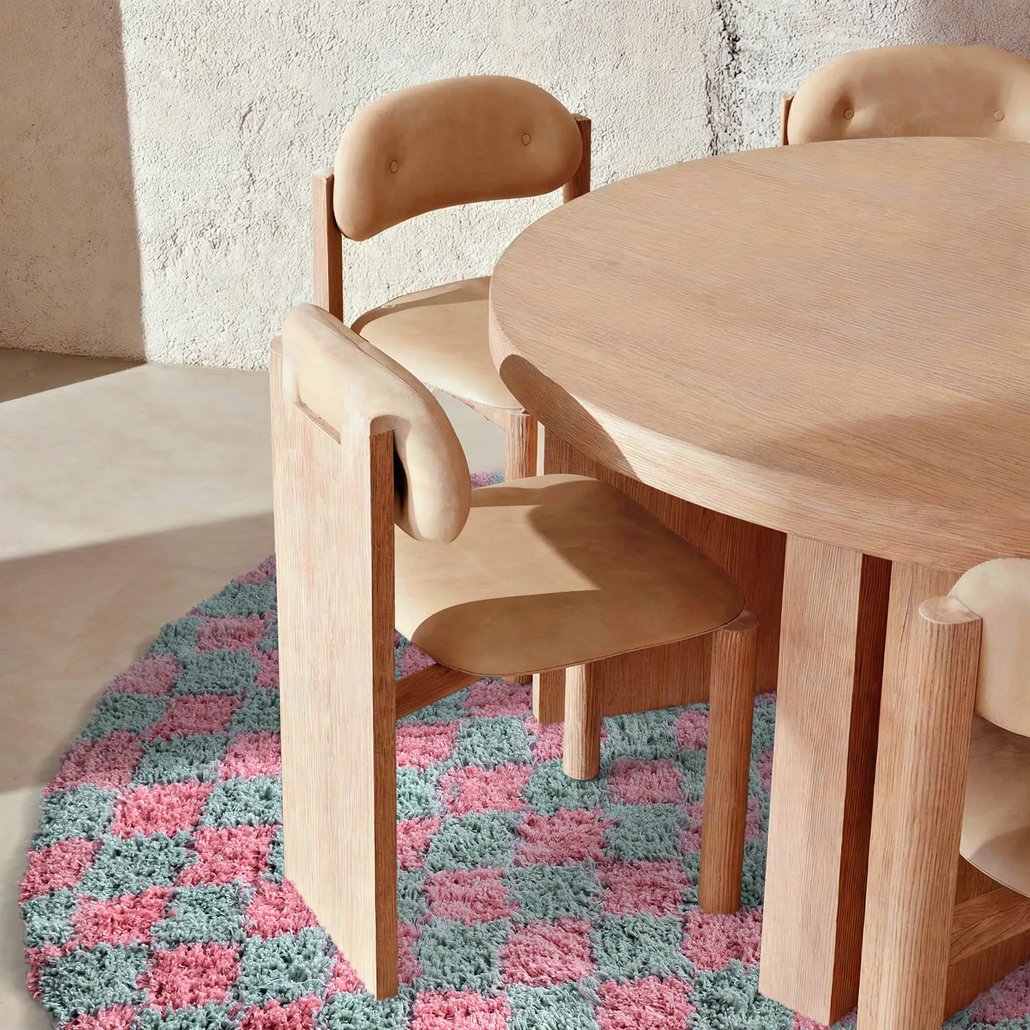Rund Teppich - Methoni Check Cotton Shaggy (hellblau/hellrosa)