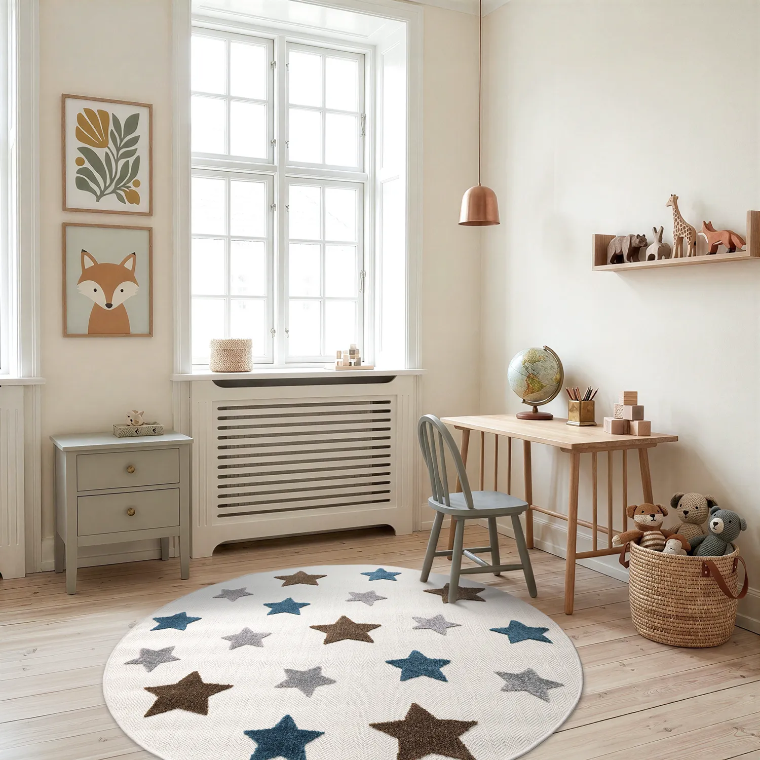 Runder Kinderteppich - Stars (creme/mehrfarbig)