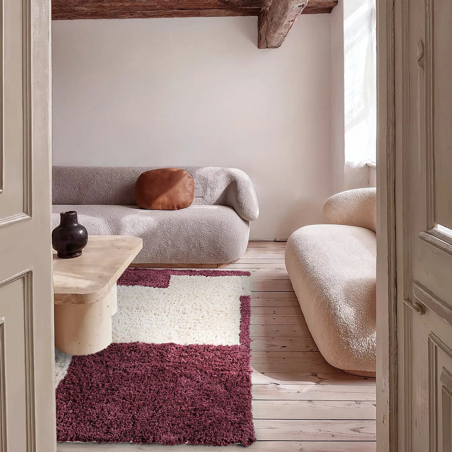Hochflorteppiche - Begur Natural Cotton Shaggy (offwhite/burgunder)
