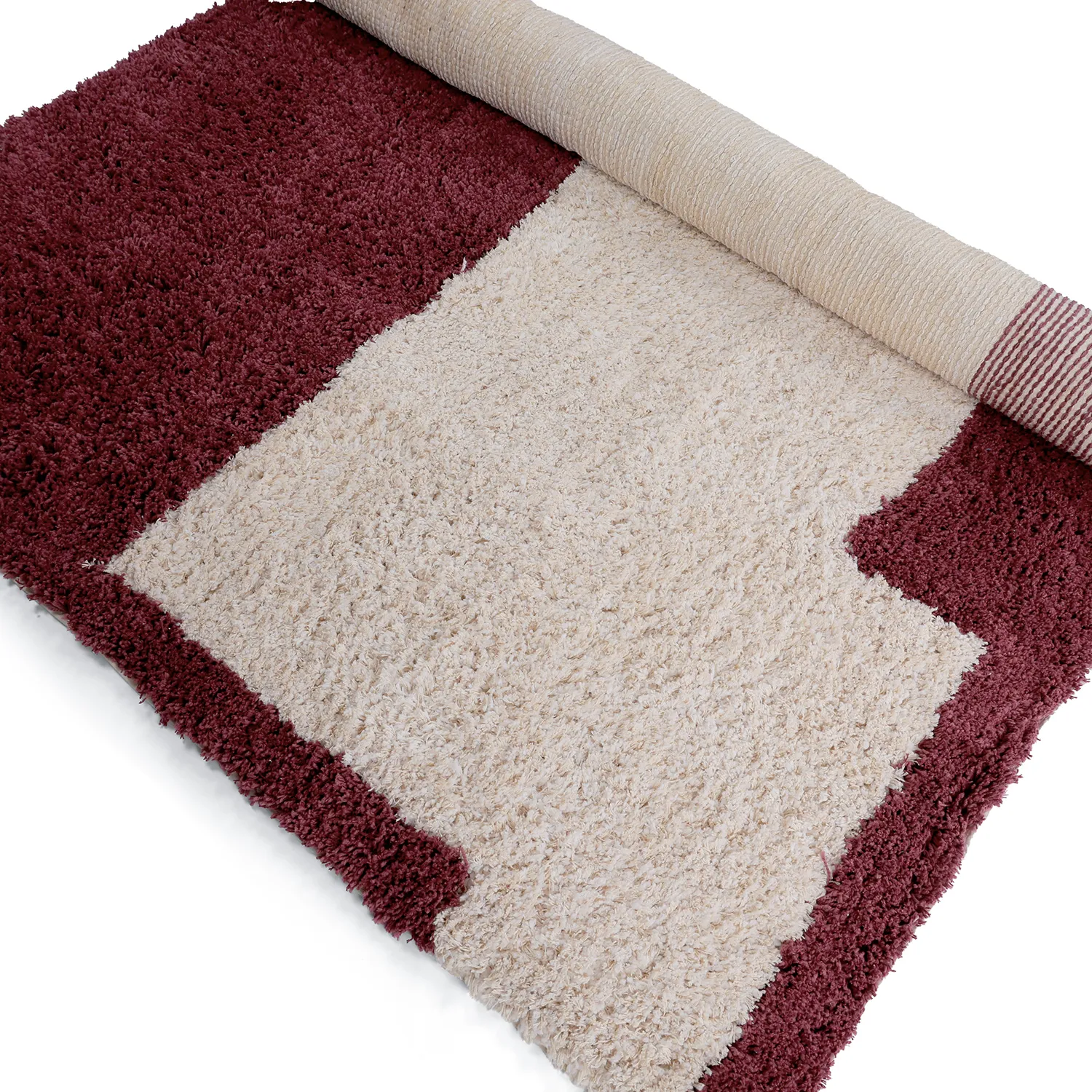Hochflorteppiche - Begur Natural Cotton Shaggy (offwhite/burgunder)