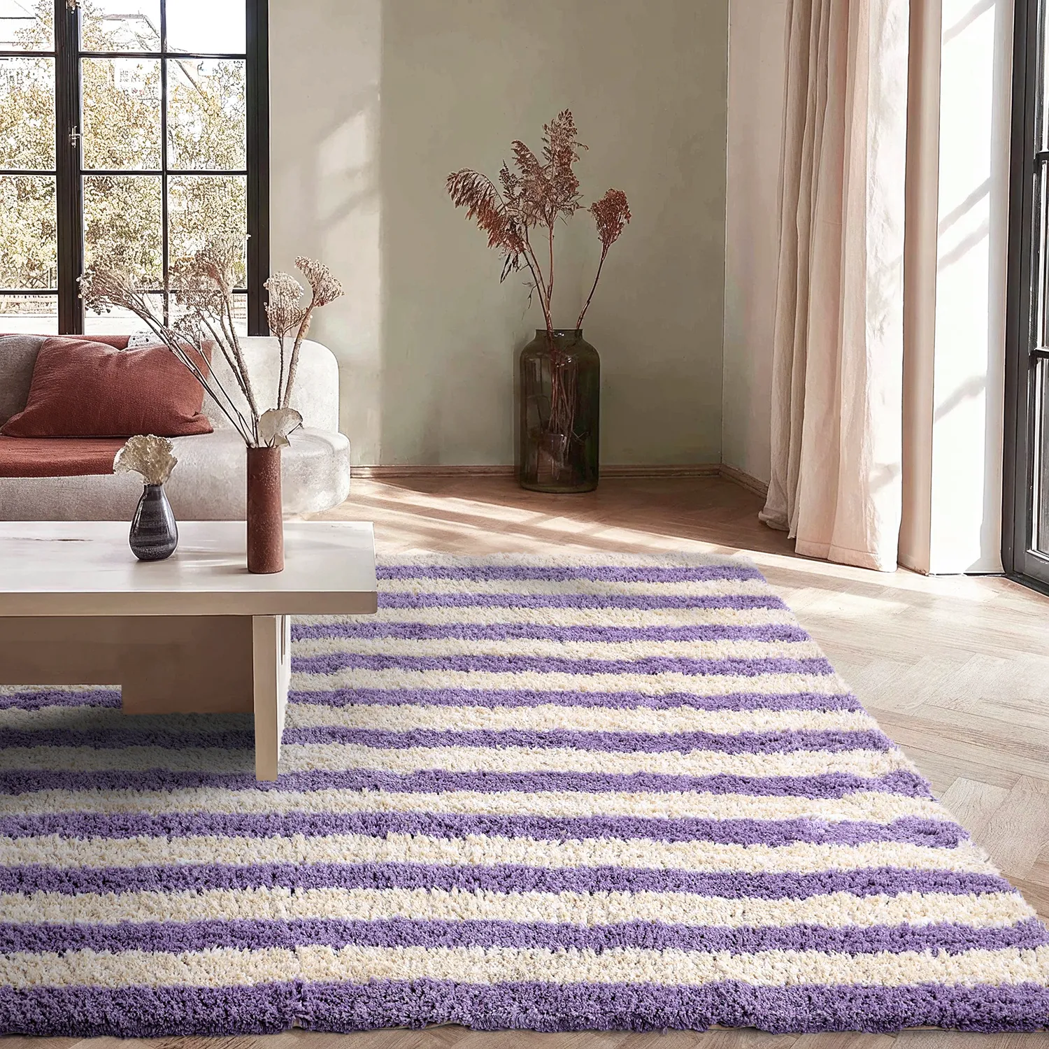Hochflorteppiche - Thira Stripe Cotton Shaggy (creme/hellviolett)