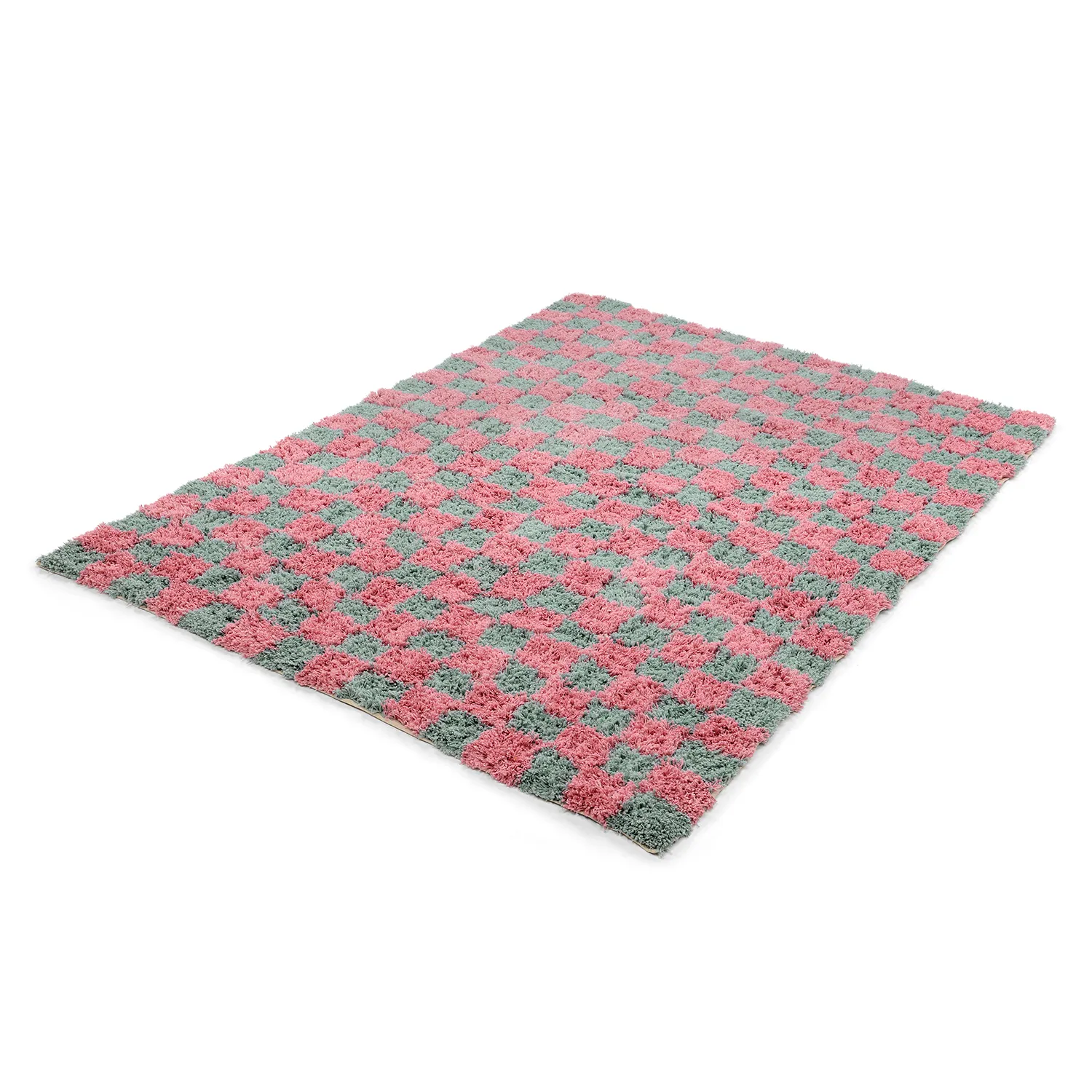 Hochflorteppiche - Methoni Check Cotton Shaggy (hellblau/hellrosa)
