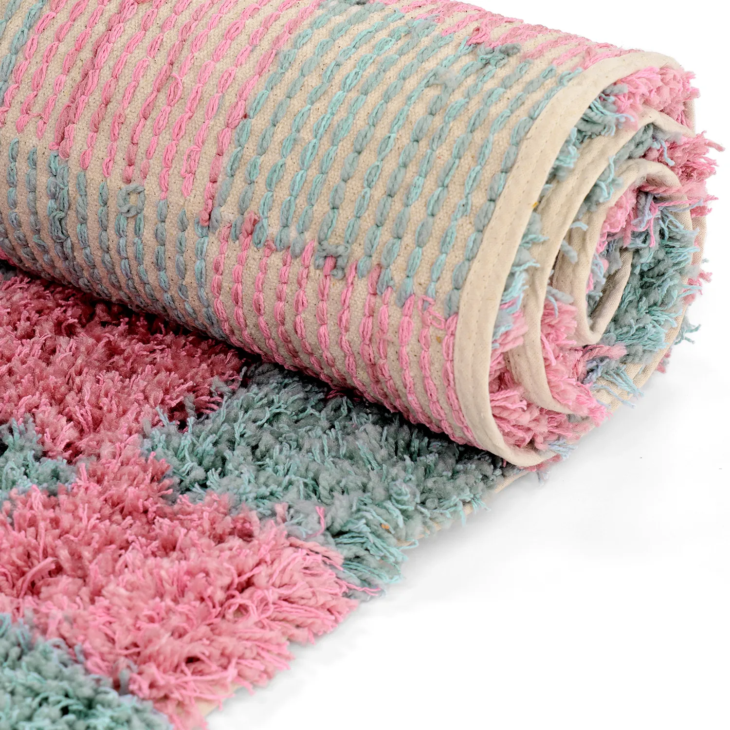 Hochflorteppiche - Methoni Check Cotton Shaggy (hellblau/hellrosa)