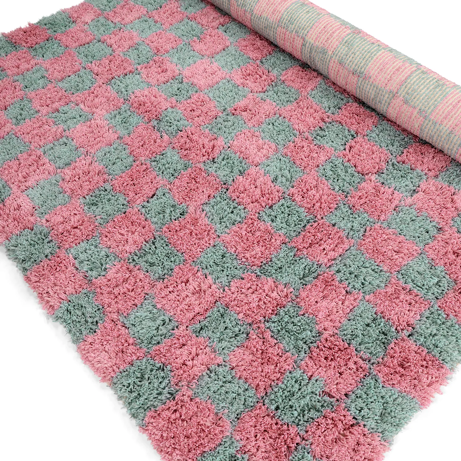 Hochflorteppiche - Methoni Check Cotton Shaggy (hellblau/hellrosa)