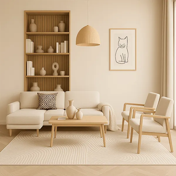 Heller, moderner Hochflorteppich mit Wellenmuster veredelt ein stilvolles Wohnzimmer in Beigetönen mit Möbeln aus hellem Holz.
