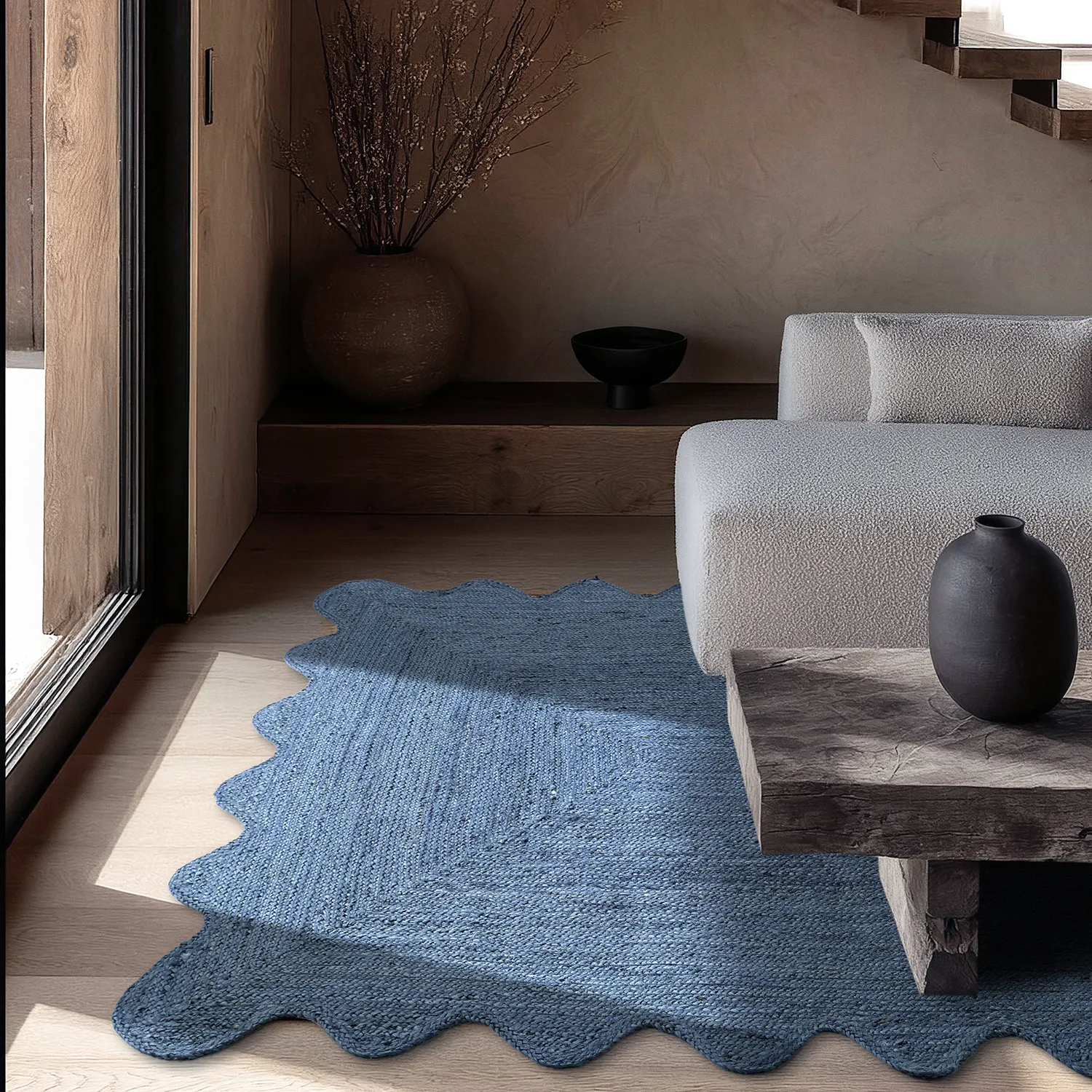 Juteteppich mit Wellenform - San Francisco (blau)